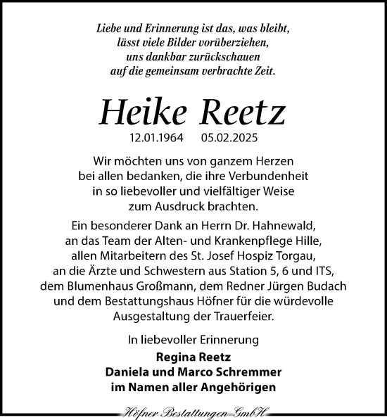 Traueranzeige von Heike Reetz von Torgauer Zeitung