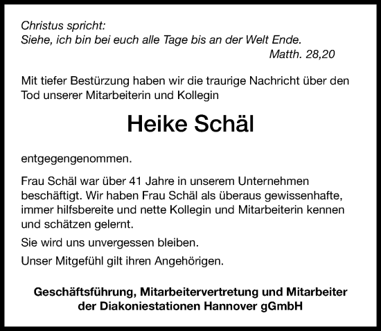 Traueranzeige von Heike Schäl von Hannoversche Allgemeine Zeitung/Neue Presse