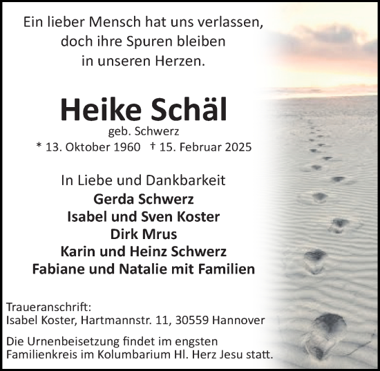 Traueranzeige von Heike Schäl von Hannoversche Allgemeine Zeitung/Neue Presse