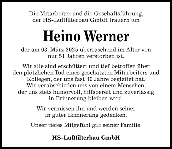 Traueranzeige von Heino Werner von Kieler Nachrichten