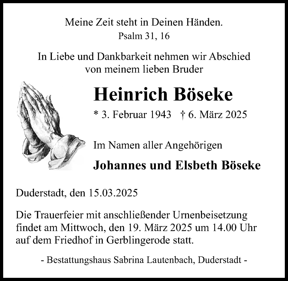  Traueranzeige für Heinrich Böseke vom 15.03.2025 aus Eichsfelder Tageblatt