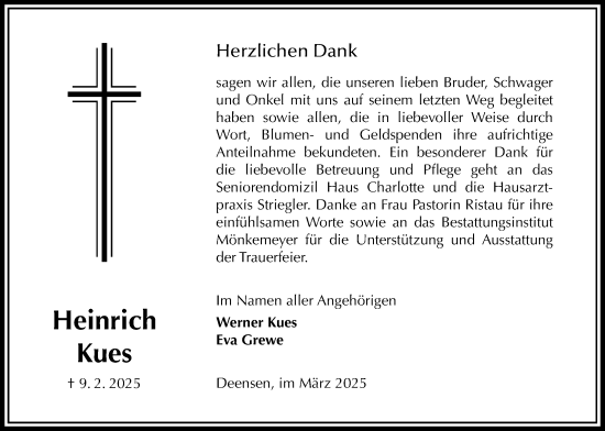 Traueranzeige von Heinrich Kues von Täglicher Anzeiger Holzminden