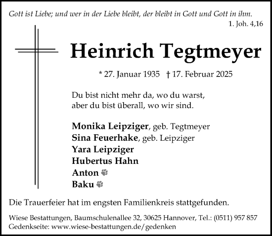 Traueranzeige von Heinrich Tegtmeyer von Hannoversche Allgemeine Zeitung/Neue Presse