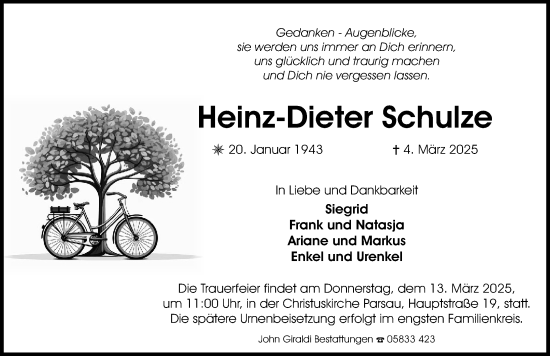 Traueranzeige von Heinz-Dieter Schulze von Aller Zeitung