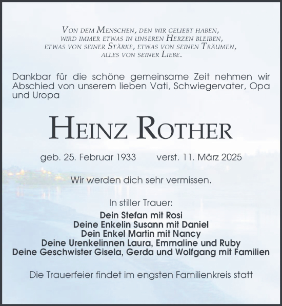 Traueranzeige von Heinz Rother von Leipziger Volkszeitung