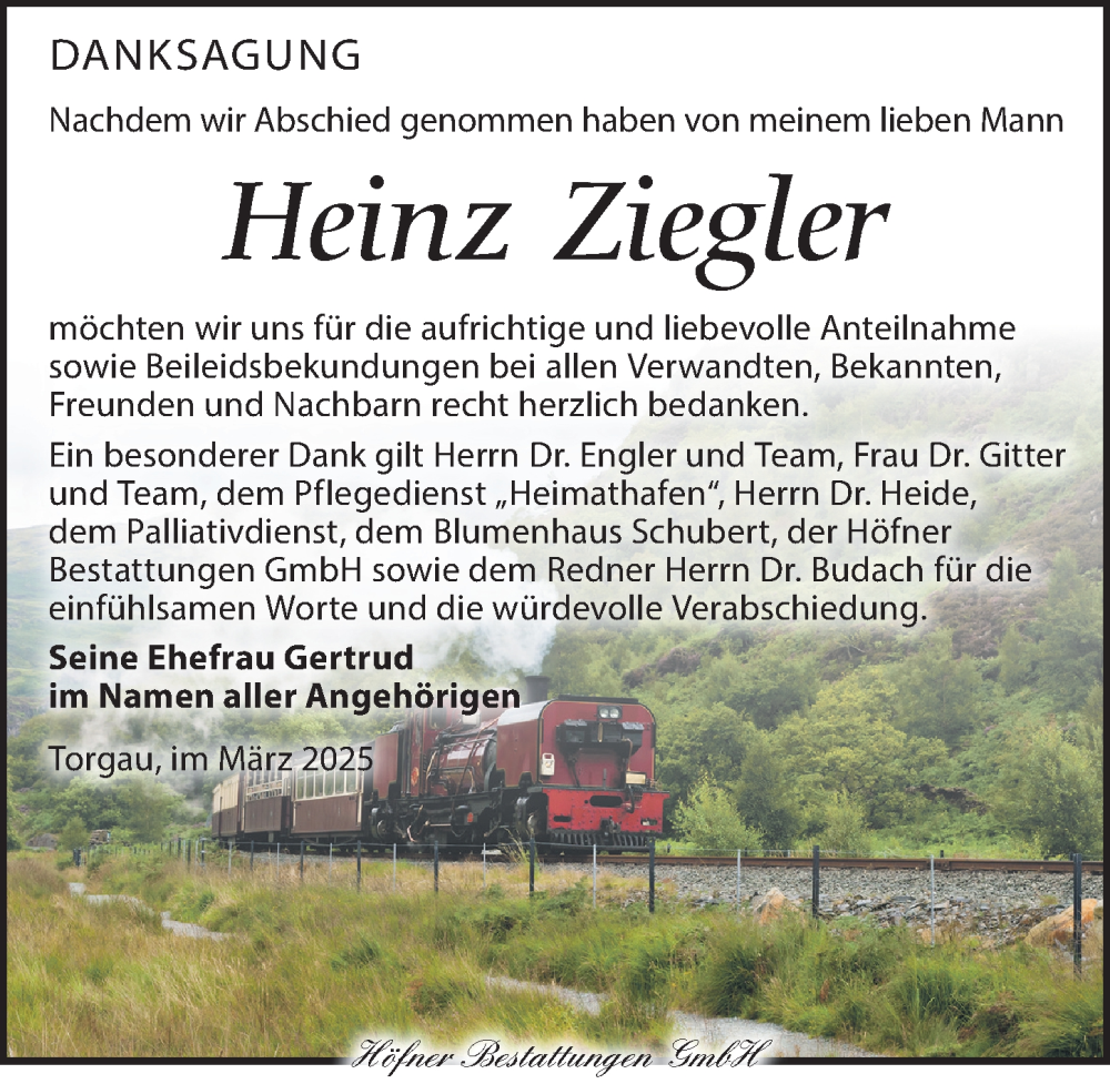  Traueranzeige für Heinz Ziegler vom 08.03.2025 aus Torgauer Zeitung