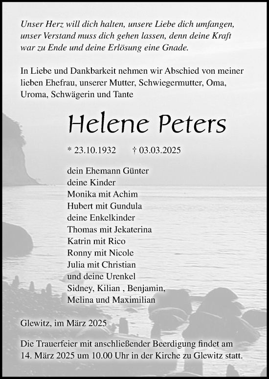 Traueranzeige von Helene Peters von Ostsee-Zeitung GmbH
