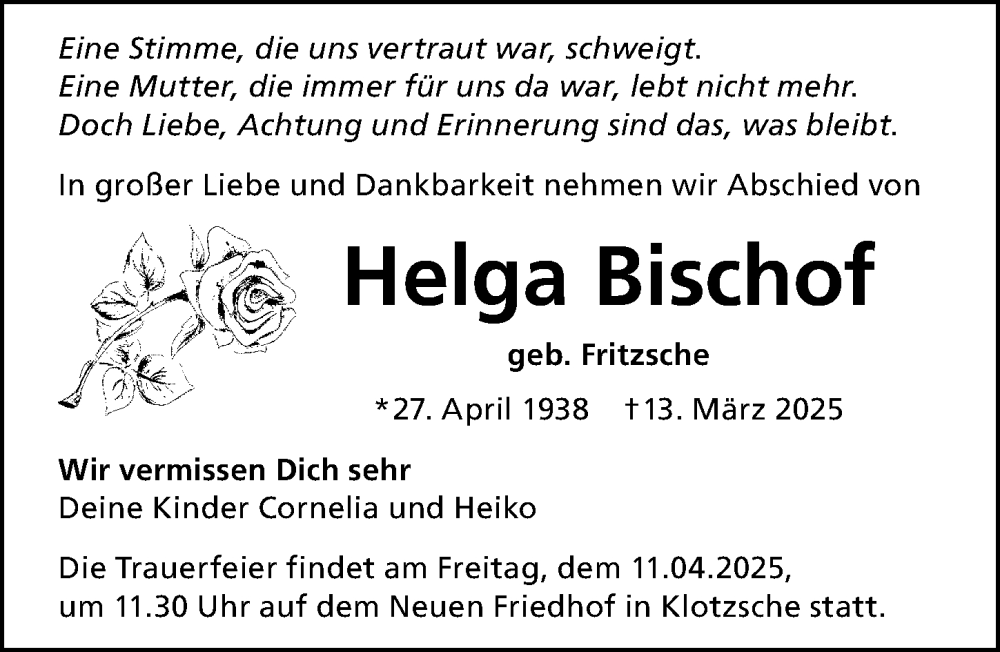  Traueranzeige für Helga Bischof vom 22.03.2025 aus Sächsische Zeitung