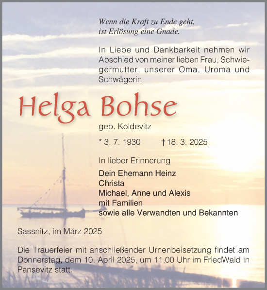 Traueranzeige von Helga Bohse von Ostsee-Zeitung GmbH