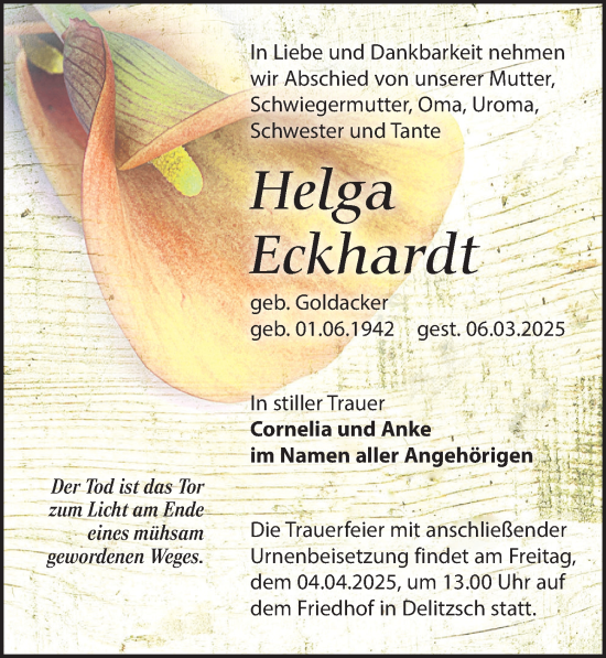 Traueranzeige von Helga Eckhardt von Leipziger Volkszeitung
