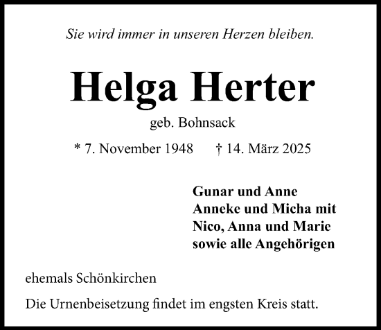 Traueranzeige von Helga Herter von Kieler Nachrichten