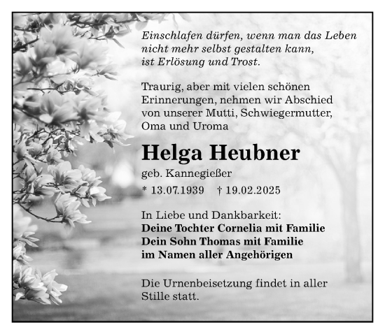 Traueranzeige von Helga Heubner von Sächsische Zeitung