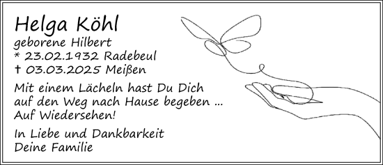Traueranzeige von Helga Köhl von Sächsische Zeitung