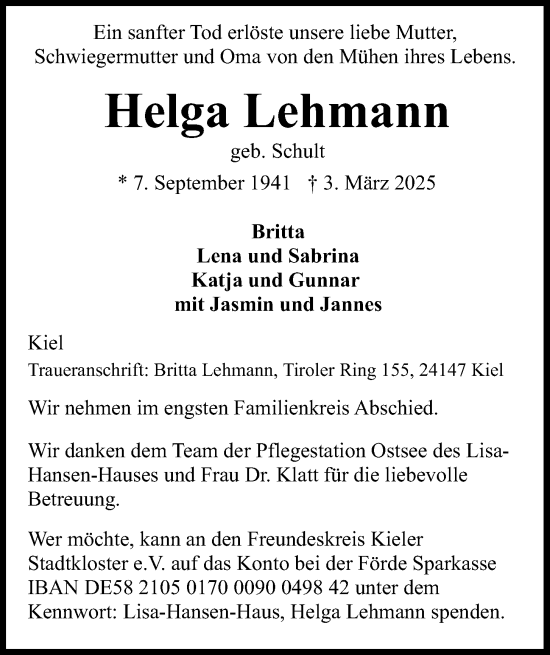 Traueranzeige von Helga Lehmann von Kieler Nachrichten