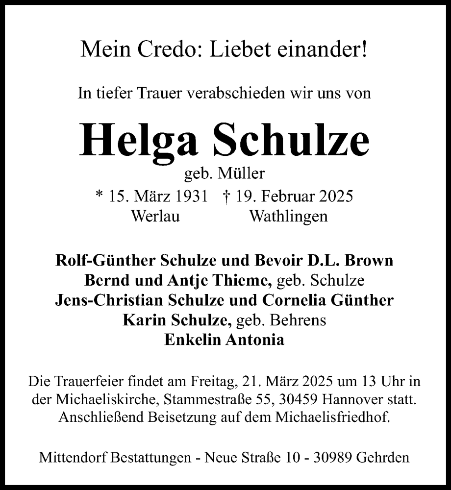  Traueranzeige für Helga Schulze vom 08.03.2025 aus Hannoversche Allgemeine Zeitung/Neue Presse