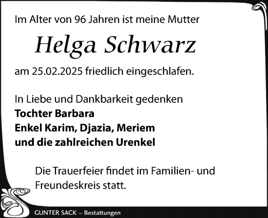 Traueranzeige von Helga Schwarz von Leipziger Volkszeitung