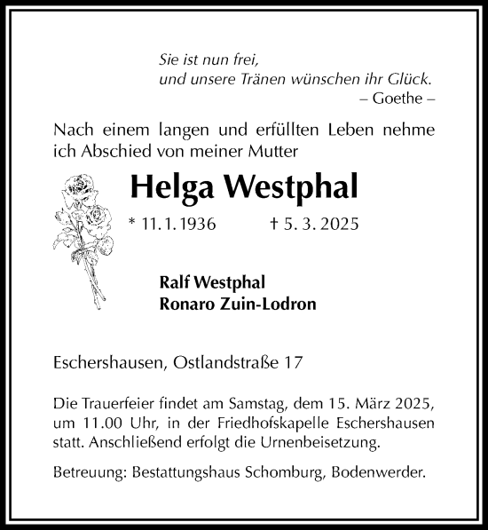 Traueranzeige von Helga Westphal von Täglicher Anzeiger Holzminden