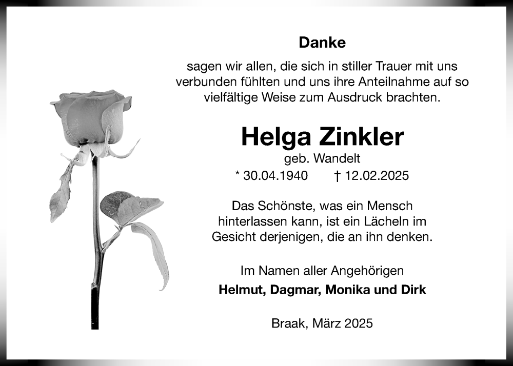  Traueranzeige für Helga Zinkler vom 29.03.2025 aus Täglicher Anzeiger Holzminden