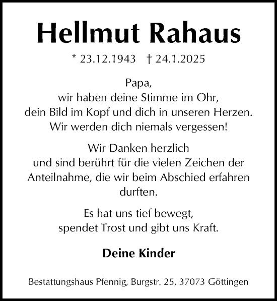 Traueranzeige von Hellmut Rahaus von Göttinger Tageblatt