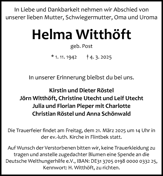 Traueranzeige von Helma Witthöft von Kieler Nachrichten