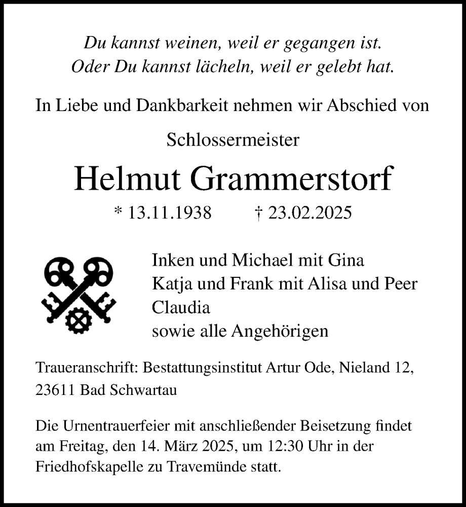  Traueranzeige für Helmut Grammerstorf vom 09.03.2025 aus Lübecker Nachrichten