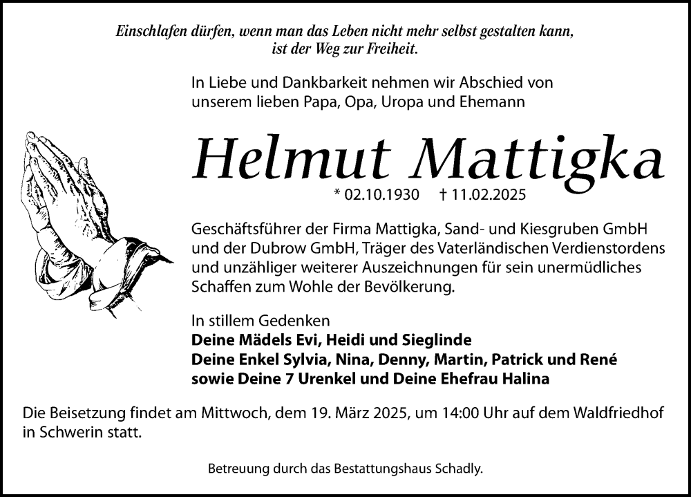  Traueranzeige für Helmut Mattigka vom 12.03.2025 aus Märkischen Allgemeine Zeitung