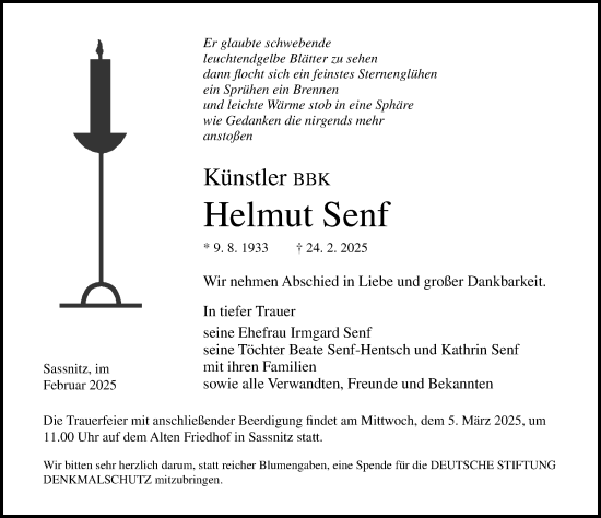 Traueranzeige von Helmut Senf von Ostsee-Zeitung GmbH