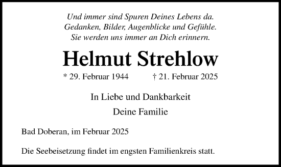 Traueranzeige von Helmut Strehlow von Ostsee-Zeitung GmbH