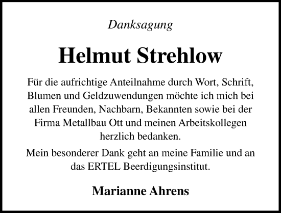 Traueranzeige von Helmut Strehlow von Ostsee-Zeitung GmbH