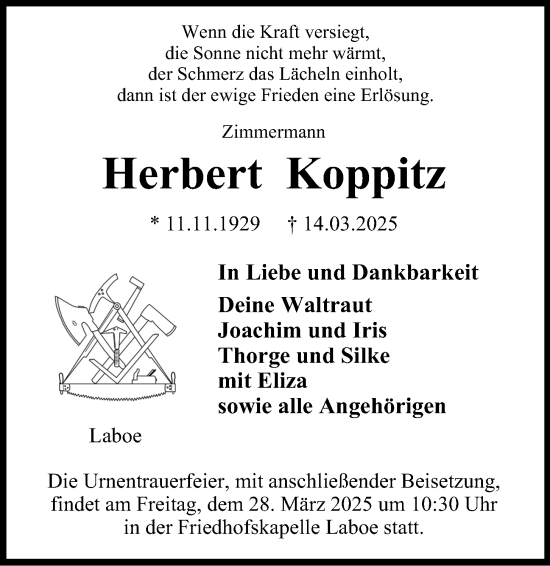 Traueranzeige von Herbert Koppitz von Kieler Nachrichten