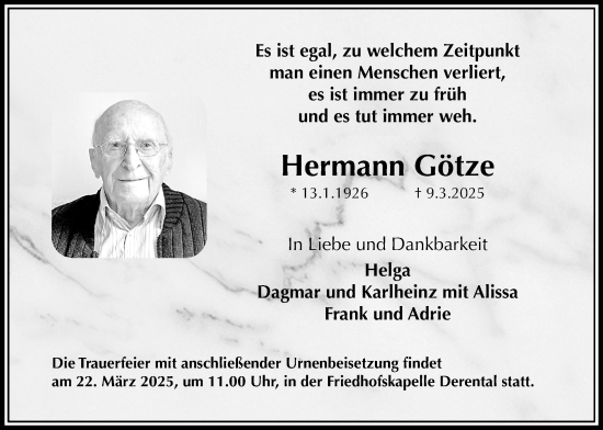 Traueranzeige von Hermann Götze von Täglicher Anzeiger Holzminden