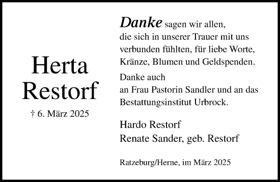 Traueranzeige von Herta Restorf von Lübecker Nachrichten