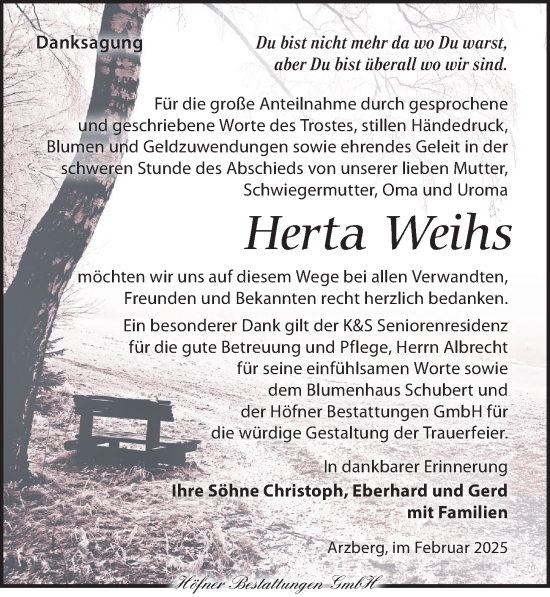 Traueranzeige von Herta Weihs von Torgauer Zeitung