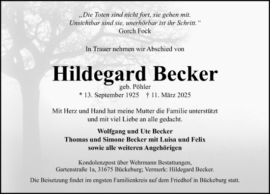 Traueranzeige von Hildegard Becker von Schaumburger Nachrichten