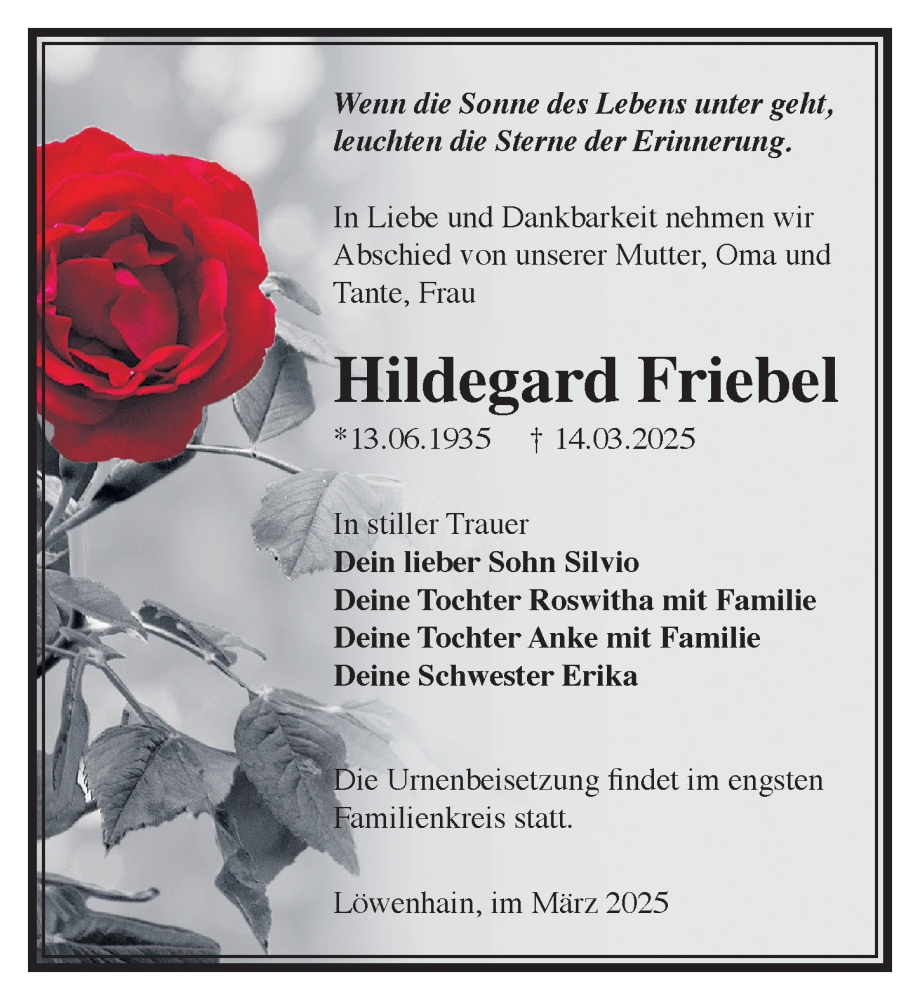  Traueranzeige für Hildegard Friebel vom 21.03.2025 aus Sächsische Zeitung