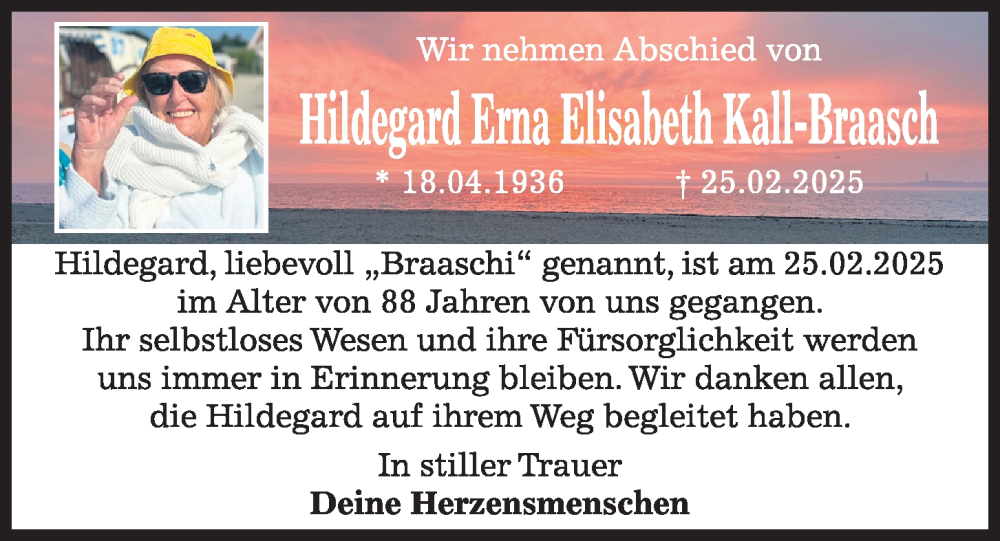  Traueranzeige für Hildegard Kall-Braasch vom 08.03.2025 aus Kieler Nachrichten