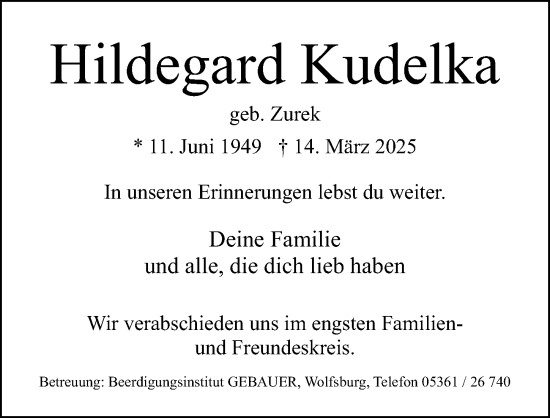 Traueranzeige von Hildegard Kudelka von Aller Zeitung