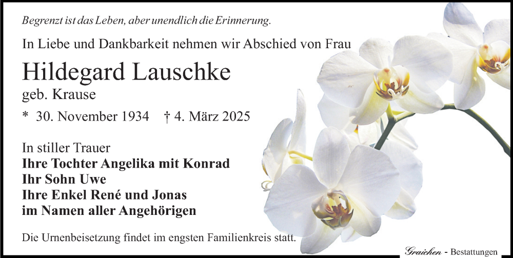  Traueranzeige für Hildegard Lauschke vom 22.03.2025 aus Sächsische Zeitung