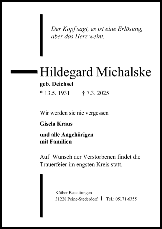 Traueranzeige von Hildegard Michalske von Peiner Allgemeine Zeitung