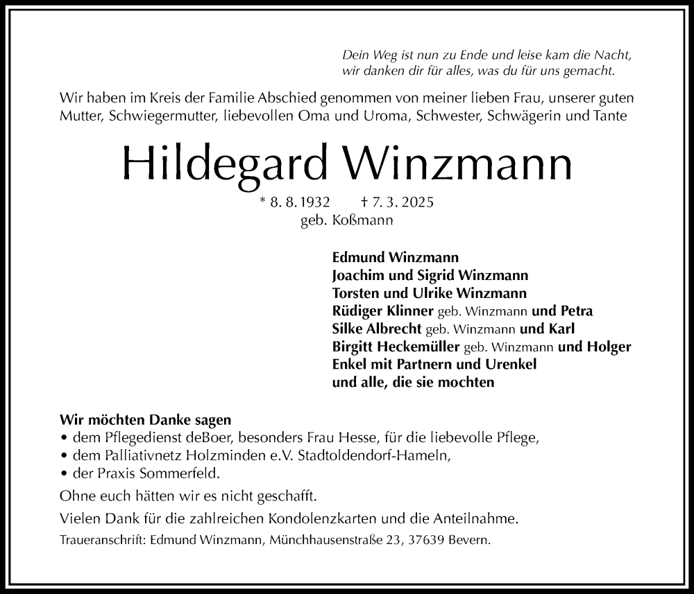  Traueranzeige für Hildegard Winzmann vom 15.03.2025 aus Täglicher Anzeiger Holzminden