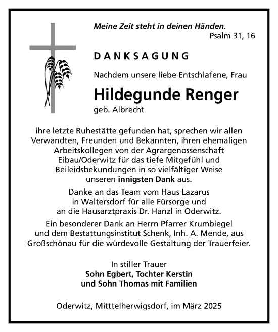 Traueranzeige von Hildegunde Renger von Sächsische Zeitung