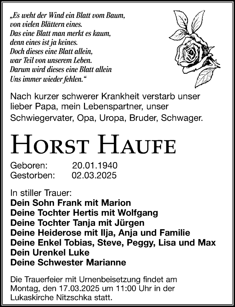 Traueranzeige für Horst Haufe vom 08.03.2025 aus Leipziger Volkszeitung