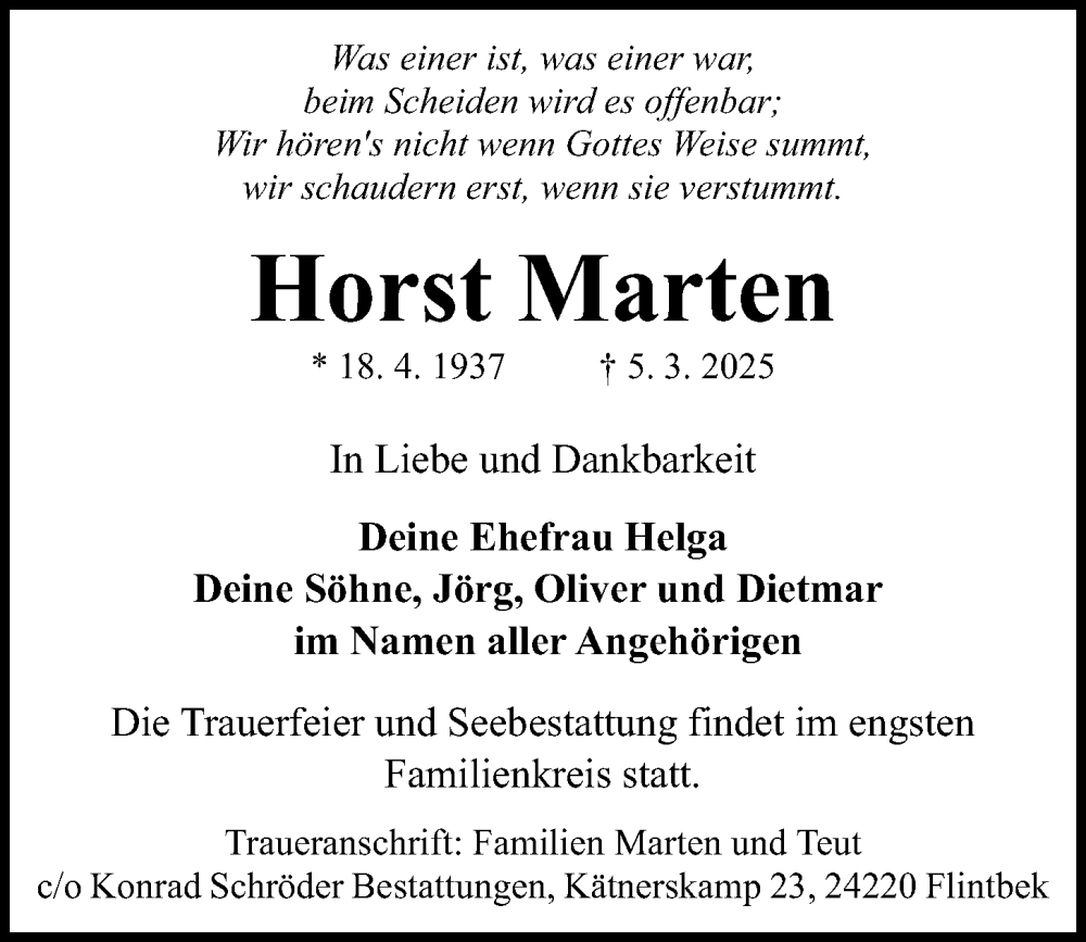  Traueranzeige für Horst Marten vom 15.03.2025 aus Kieler Nachrichten