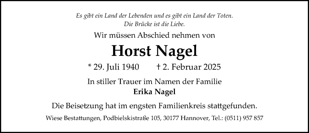  Traueranzeige für Horst Nagel vom 01.03.2025 aus Hannoversche Allgemeine Zeitung/Neue Presse