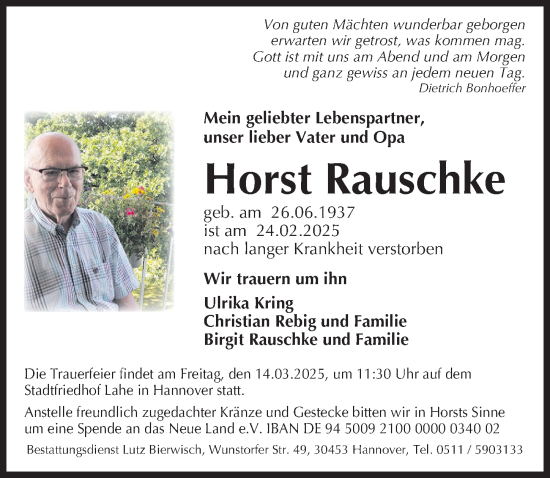 Traueranzeige von Horst Rauschke von Hannoversche Allgemeine Zeitung/Neue Presse