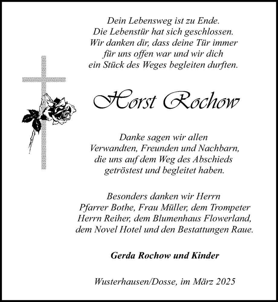  Traueranzeige für Horst Rochow vom 15.03.2025 aus Wochenspiegel