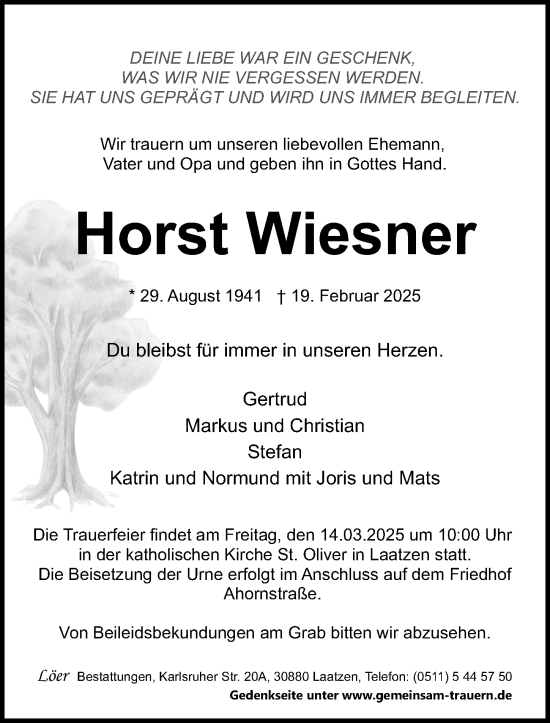 Traueranzeige von Horst Wiesner von Hannoversche Allgemeine Zeitung/Neue Presse