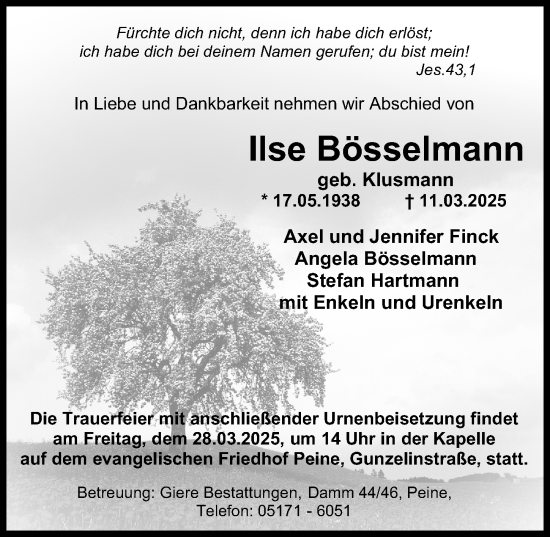 Traueranzeige von Ilse Bösselmann von Peiner Allgemeine Zeitung