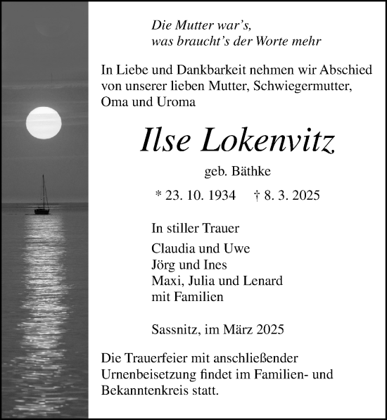 Traueranzeige von Ilse Lokenvitz von Ostsee-Zeitung GmbH