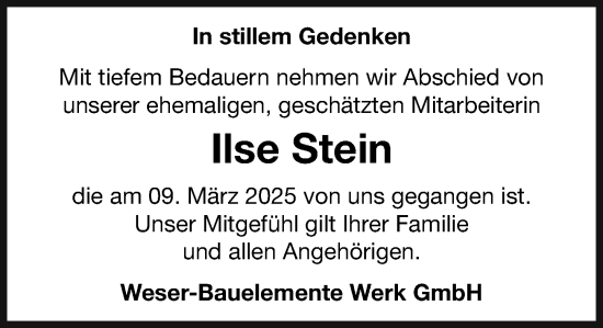 Traueranzeige von Ilse Stein von Schaumburger Nachrichten